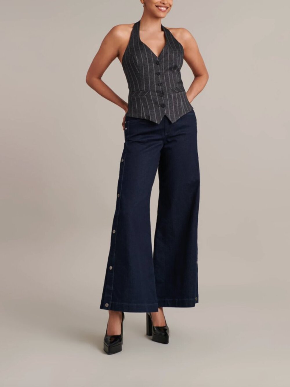$495 Anne Fontaine Black Gray Pinstripe Halter Sir Vest Tank Top size 6/FR 38